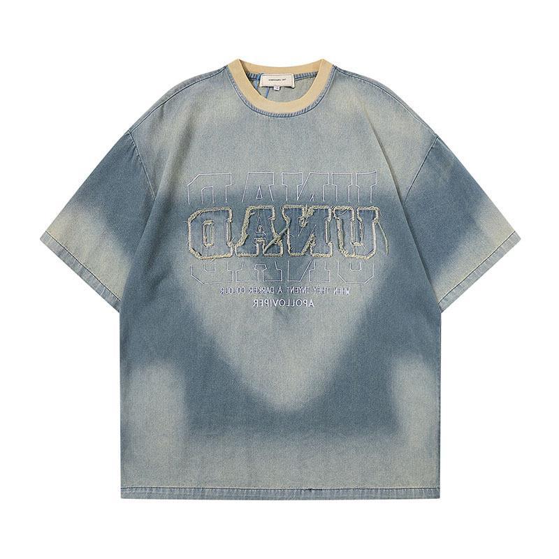 TKPA Original American Retro Street Letter Embroidery Denim Short Sleeve
