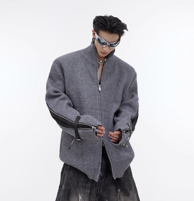 Metal Zipper Design Knitted Cardigan Sweater Belt Buckle Slicing Sweater Coat