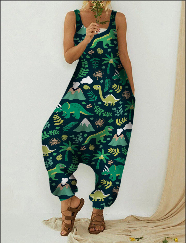 Cute Animal Print Loose Plus Size Casual Beach Overalls