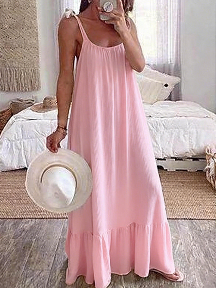 Casual Sling Dress With A U-neck Classic Pleating And Multiple Color Options