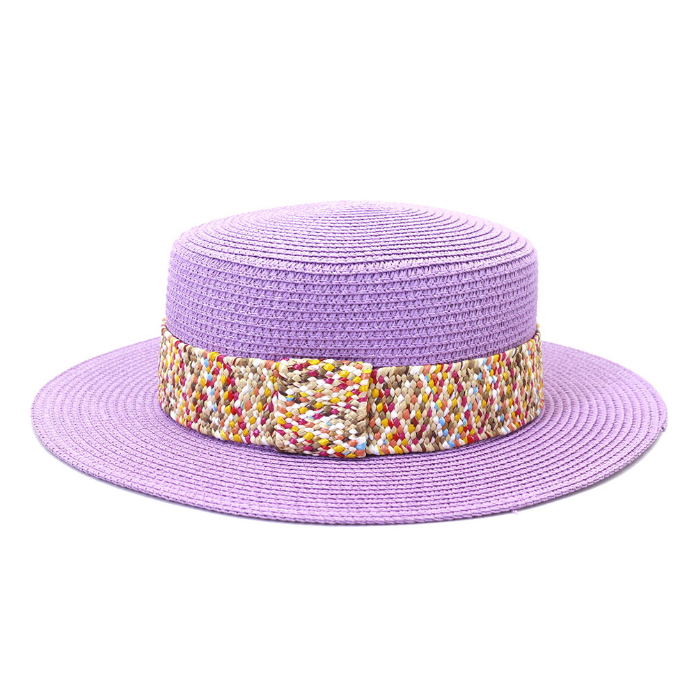 Color Flat Top Straw Hat Outdoor Travel Sunscreen