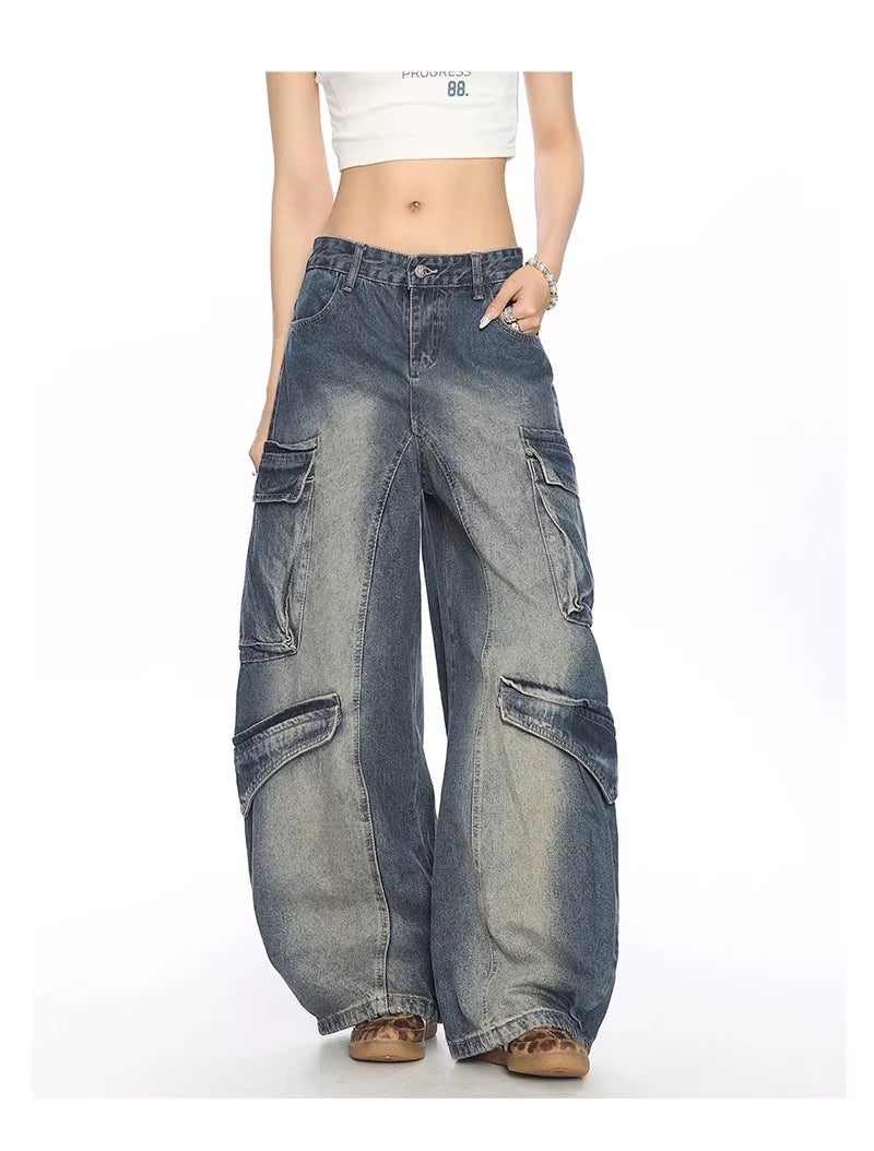 Washed Multi-pocket Denim Matchet Pants