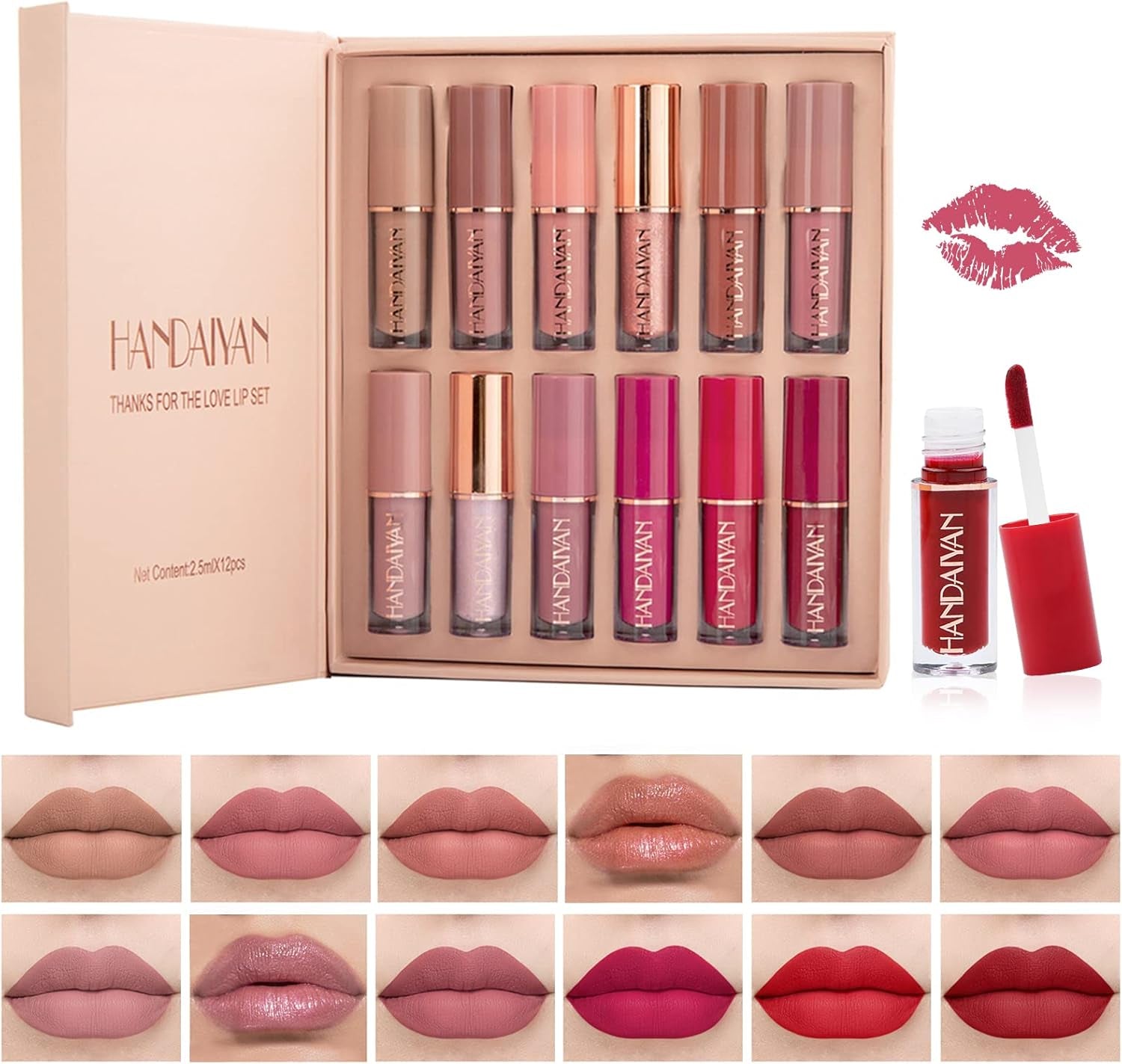 12 Piezas Pintalabios Permanente Liquido, Labiales Mate De Larga Duracion, Rojo Gloss, Barra De Labios Impermeable, Lipstick Set Kit Maquillaje, Para Mujeres Regalo San Valentín Cumpleaño