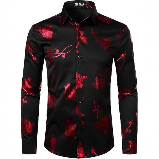 Golden Rose Print Slim Fit Long Sleeve Formal Wear Shirt