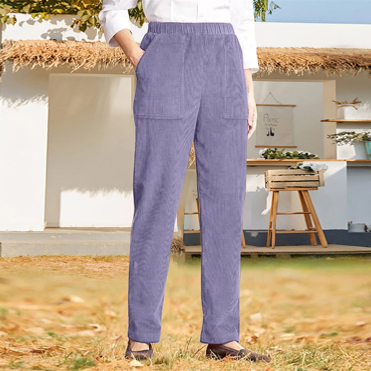 Women's Pure Color Elastic Waist Striped Straight Casual Pants