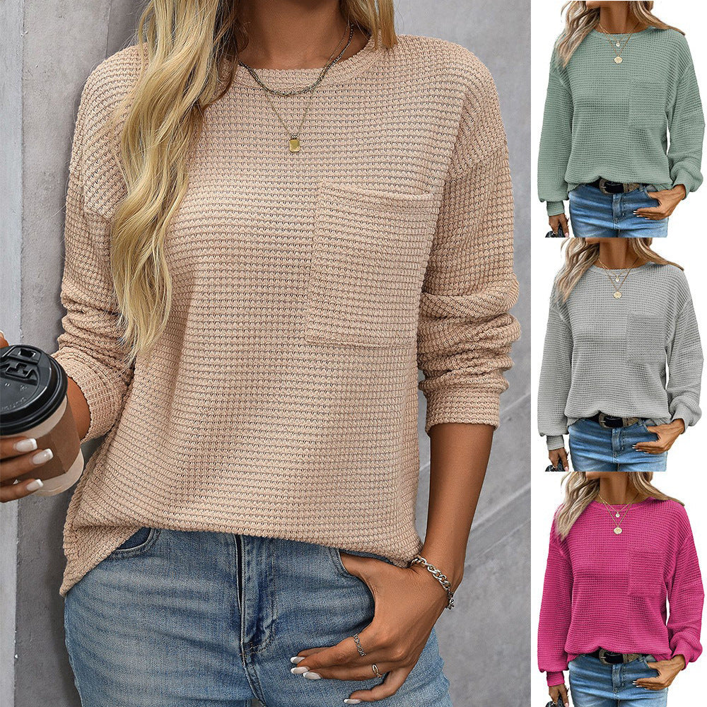 Women's Waffle Round Neck Pocket Loose T-shirt