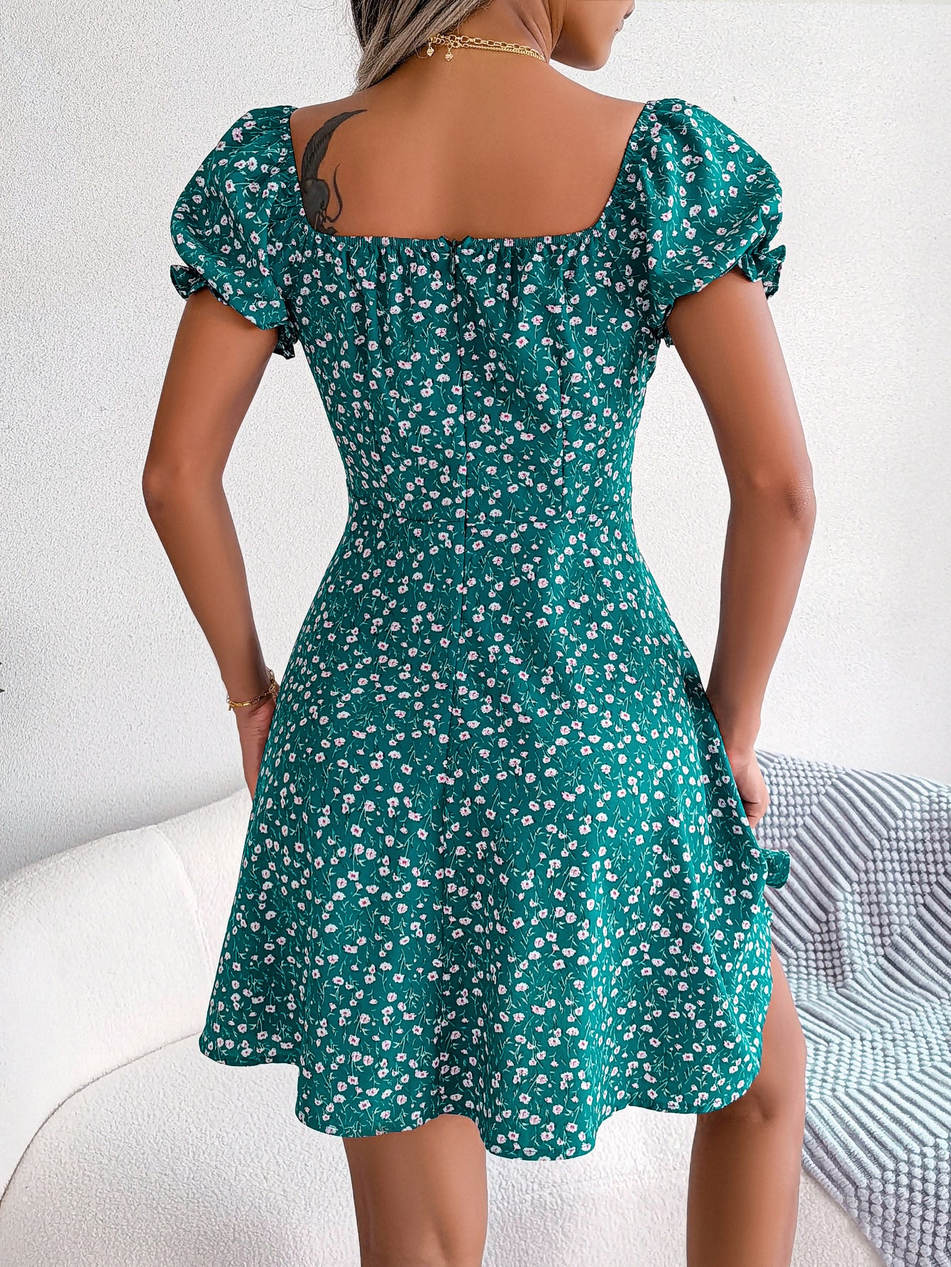 Women   Casual Bell Sleeve Drawstring Tie Flowy Floral Print Dress