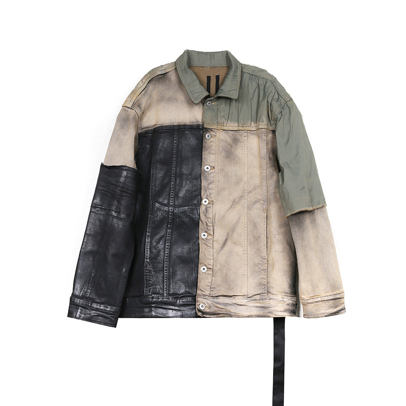 Worn Looking Washed-out Splicing Coating Brush Wax Deconstruction Denim Jacket Coat