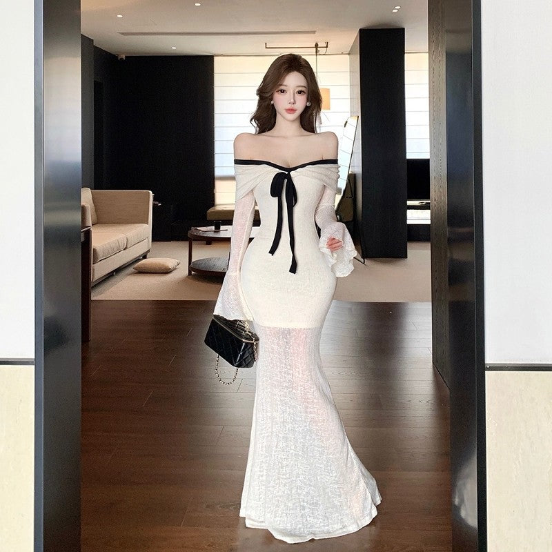 Off Shoulder Flared Sleeve Bodycon Sheath Dress