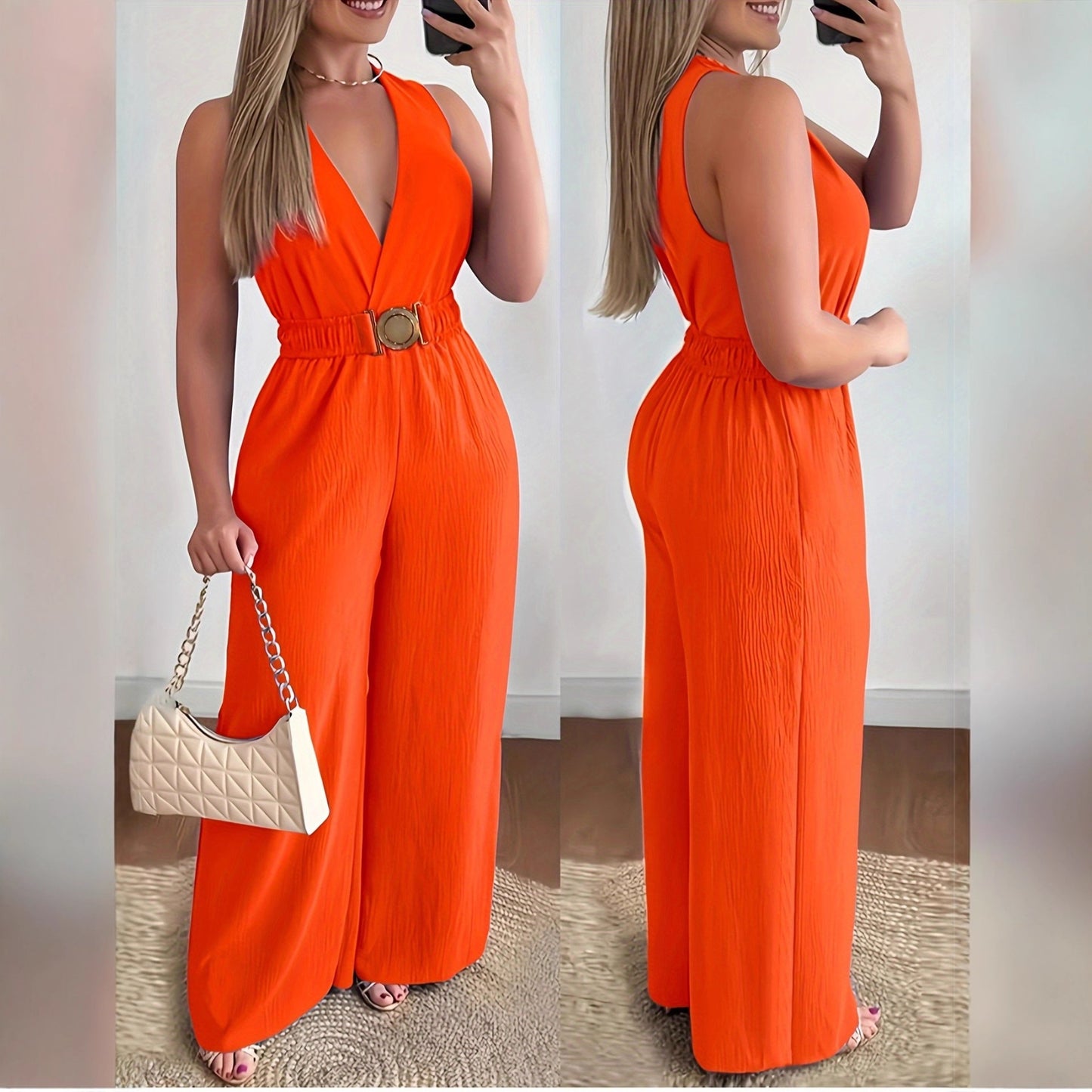 Slant Pockets Solid Color Sexy Loose Elastic-Waist Wide-Leg Pants