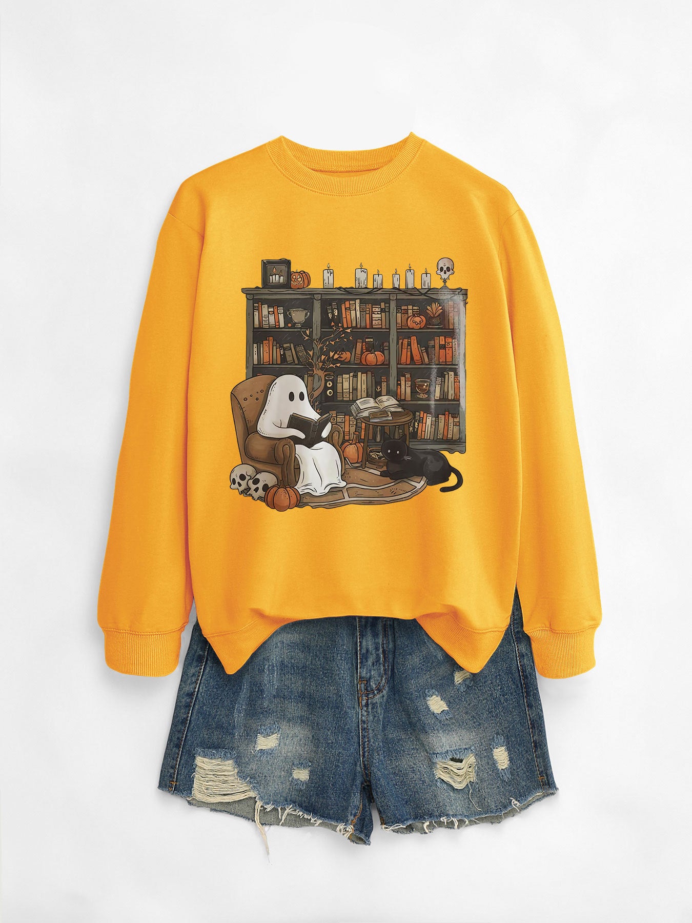Printed Bookshelf Ghost Black Cat Round Neck Sweater
