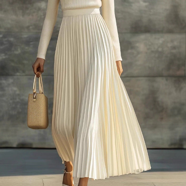 Elegant Casual And Comfortable Long-sleeve Satin Knit Pleated Maxi Dress