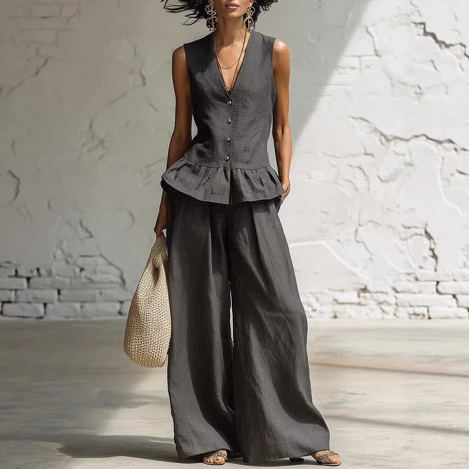 Retro Bohemian Style Ruffled Cotton-Linen Two-Piece Set