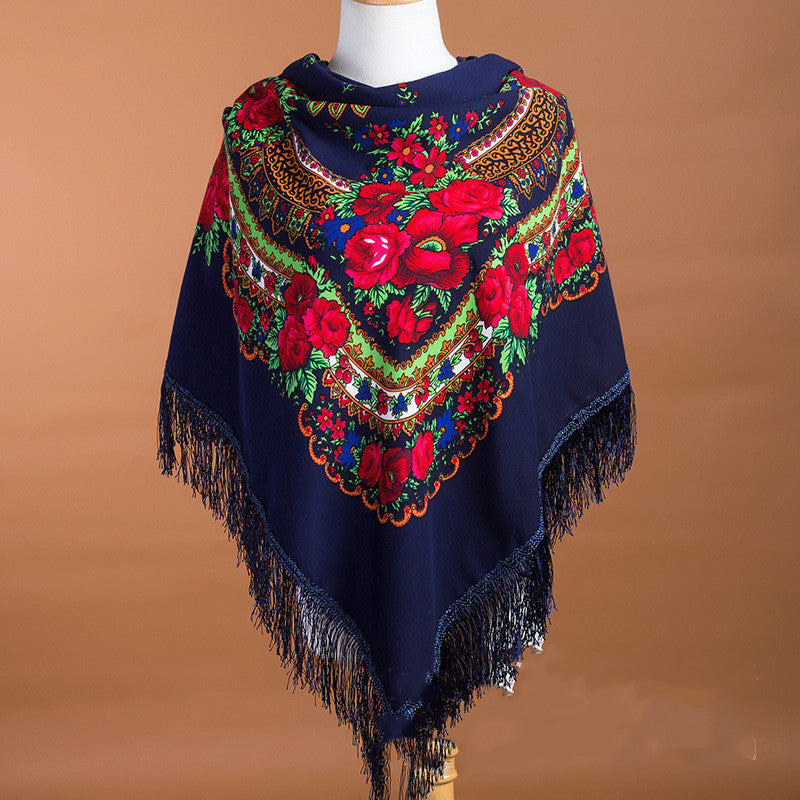 Large Square Scarf Shawl With Ethnic Print Tassels To Keep Warm