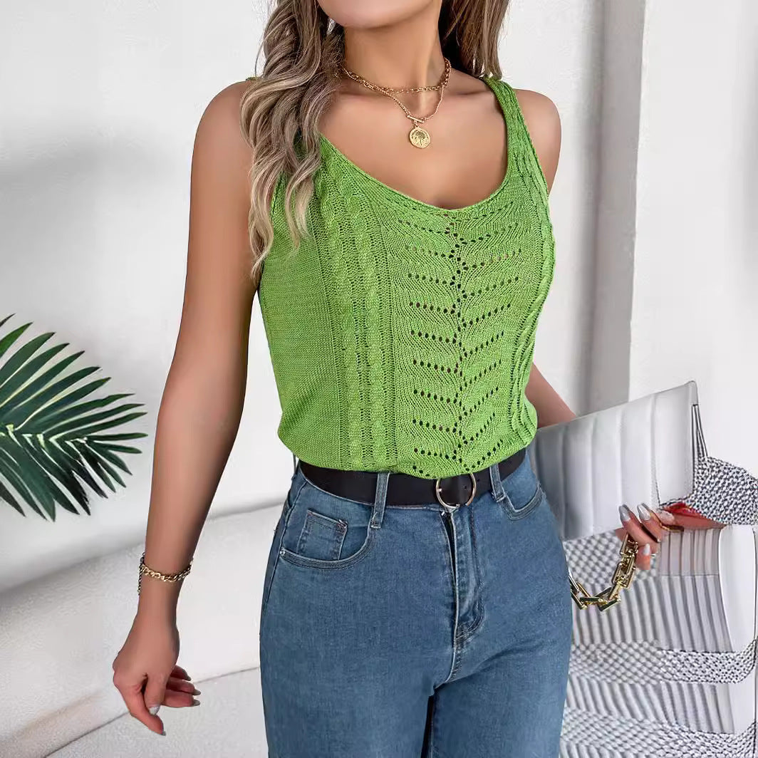 European And American Leisure Solid Color And V-neck Hollow Top Holiday Sweater