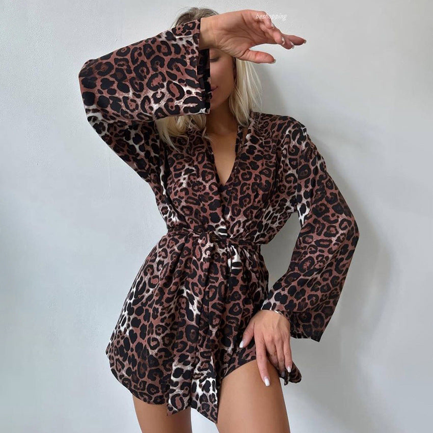 Sexy Leopard-Print Loose And Cozy Long-Sleeve Underwear And Shorts Set Loungewear