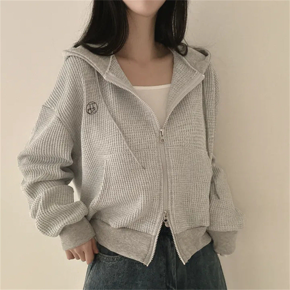 Korean Style Hooded Thin Waffle Sweater