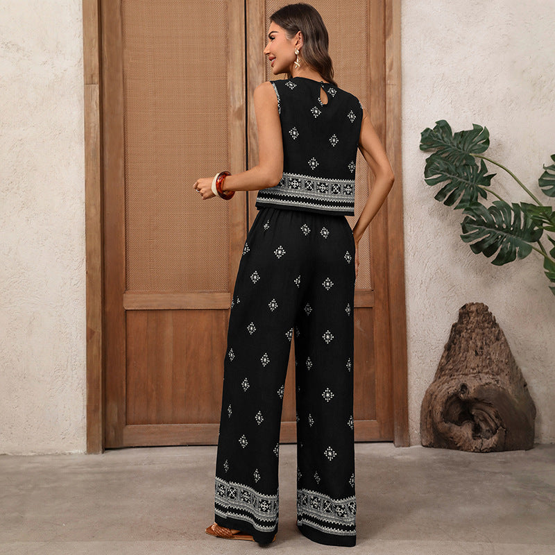 Retro Resort-Style Two-Piece Set In Black With Ethnic Geometric Print For Women
