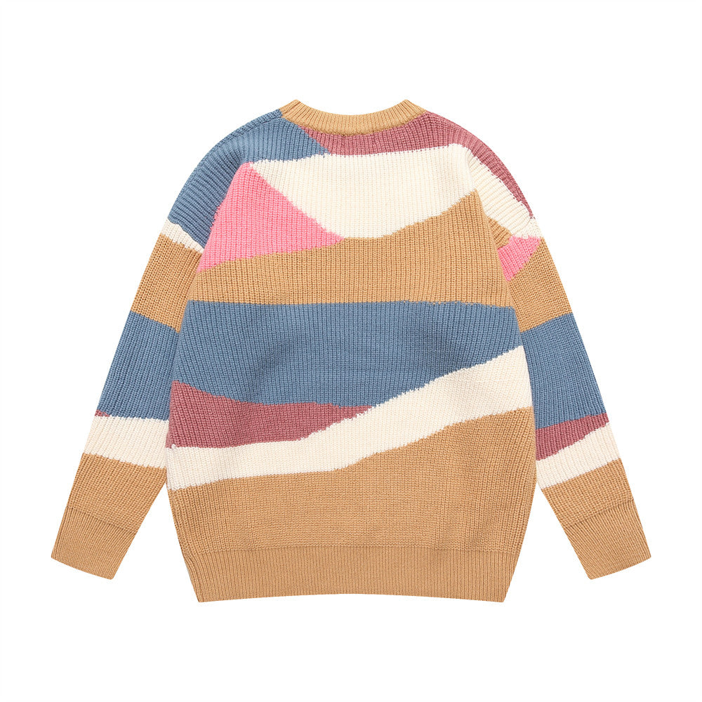 Strikket Sweater med Uregelmæssige Farveblokke og Rund Hals