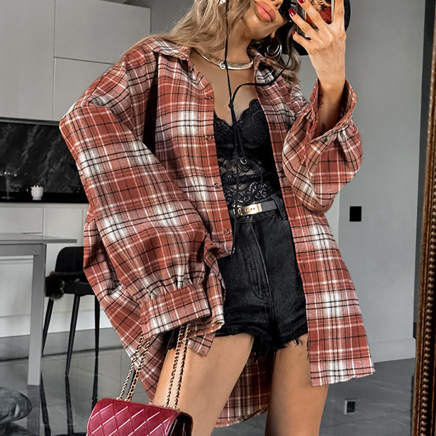 Retro Contrast Color Loose Plaid Shirt