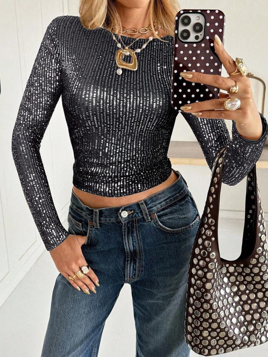 New Shiny Sequin Long-sleeve T-shirt Top