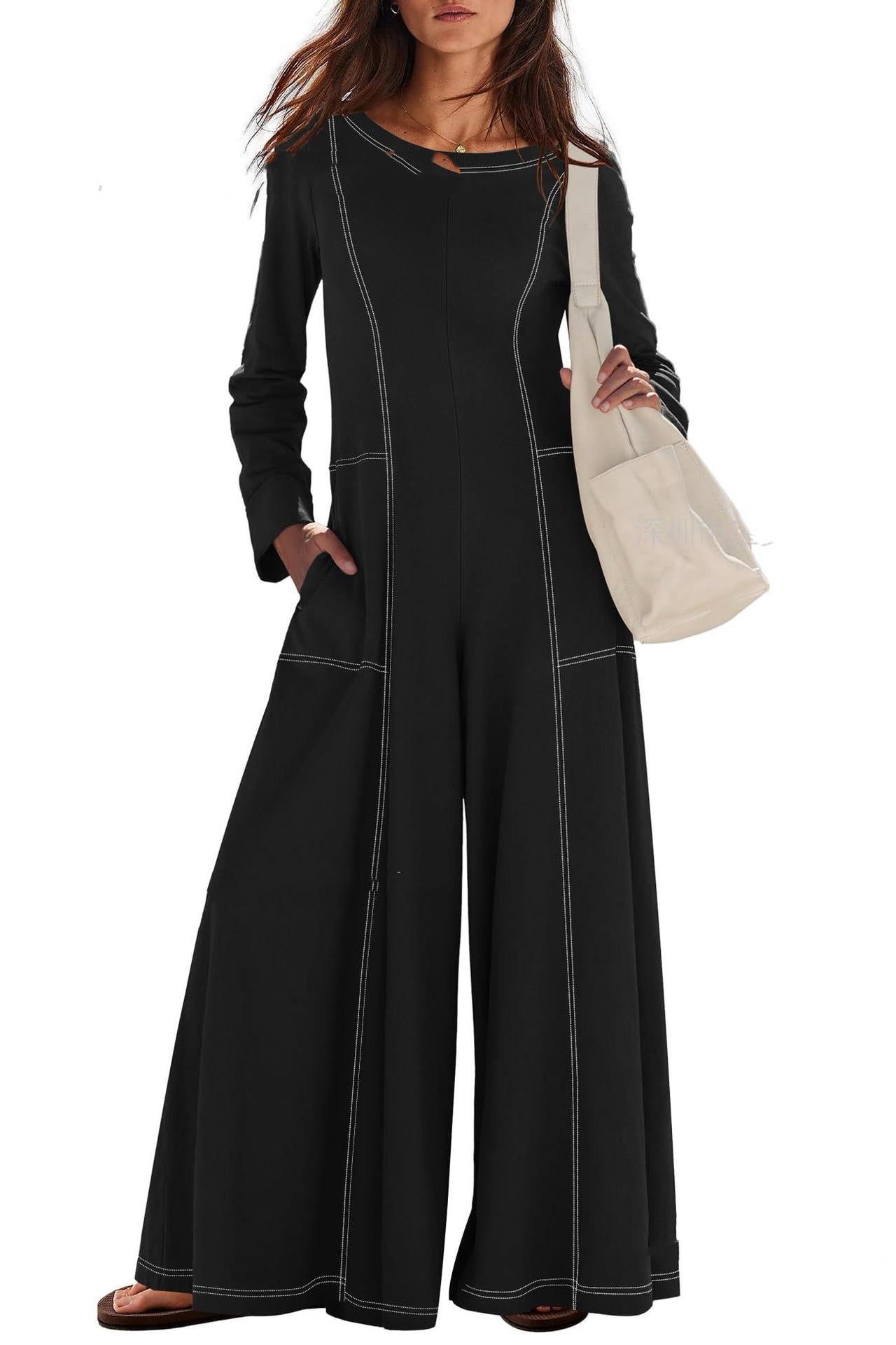 Women's Fashionable Casual Contrasting-Color Striped Long-Sleeve Jumpsuit