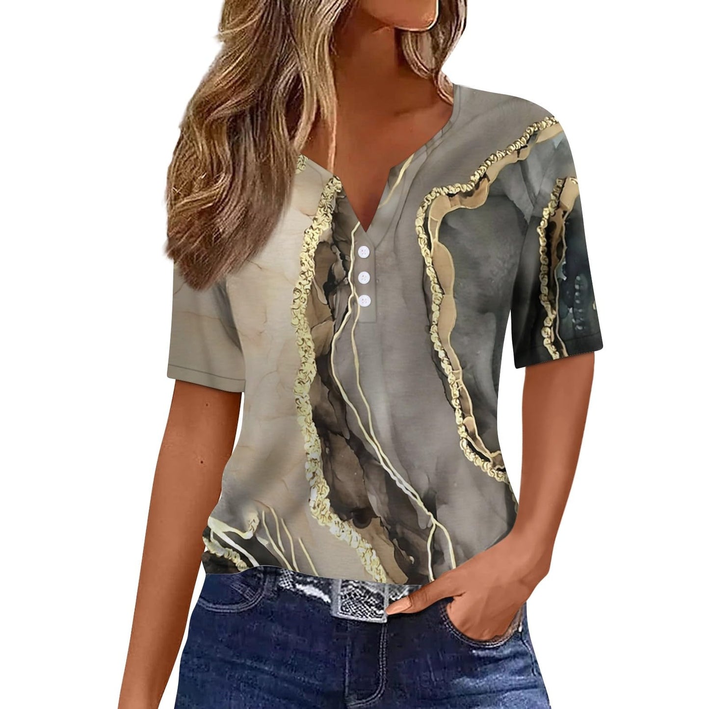 V-neck Three-button Printed Short-sleeved European And American Top