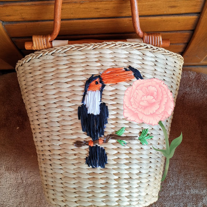 Birds Embroidered And Rope Paper Beads Wooden Decorated Straw Fabric Bag