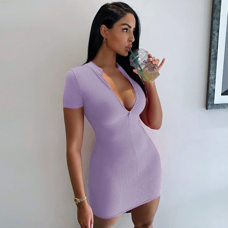 High Neck Short Sleeve Wrapped Hip Skirt For Women