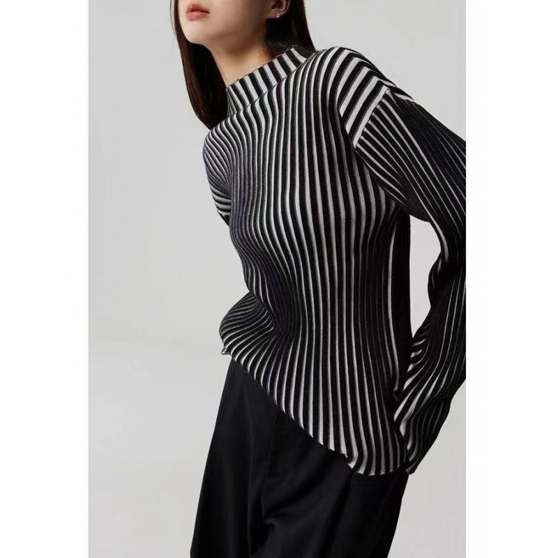 Long Sleeve Sweater Black And White Contrast Color Texture Half Turtleneck Sweater