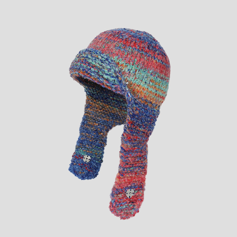 Mixed Color Wool Knitted Ear Protection Hat Fashionable And Warm For Youth