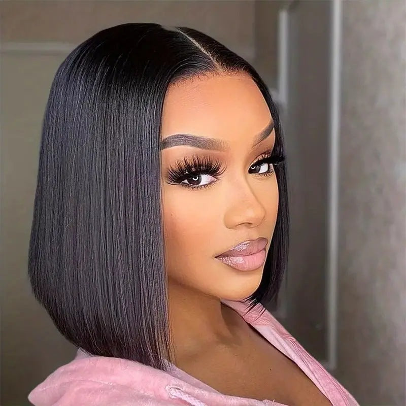 Pre-tied Lace Front Middle-parted Short Straight Fluffy Natural Stylish Wig
