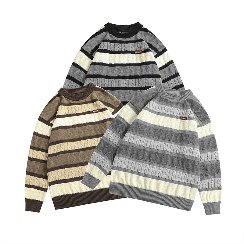Japanese-style Retro Jacquard Contrast Color Striped Sweater