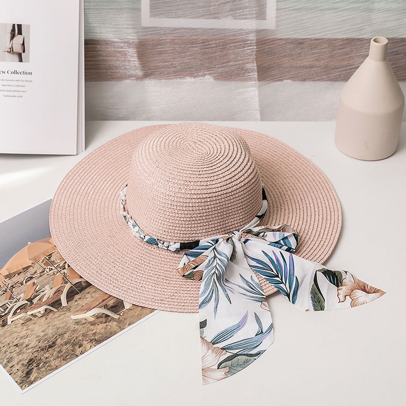 Bow Ribbon Broad-brimmed Hat Silk Scarf Straw Woven Vacation Sun Protection Folding Straw Hat