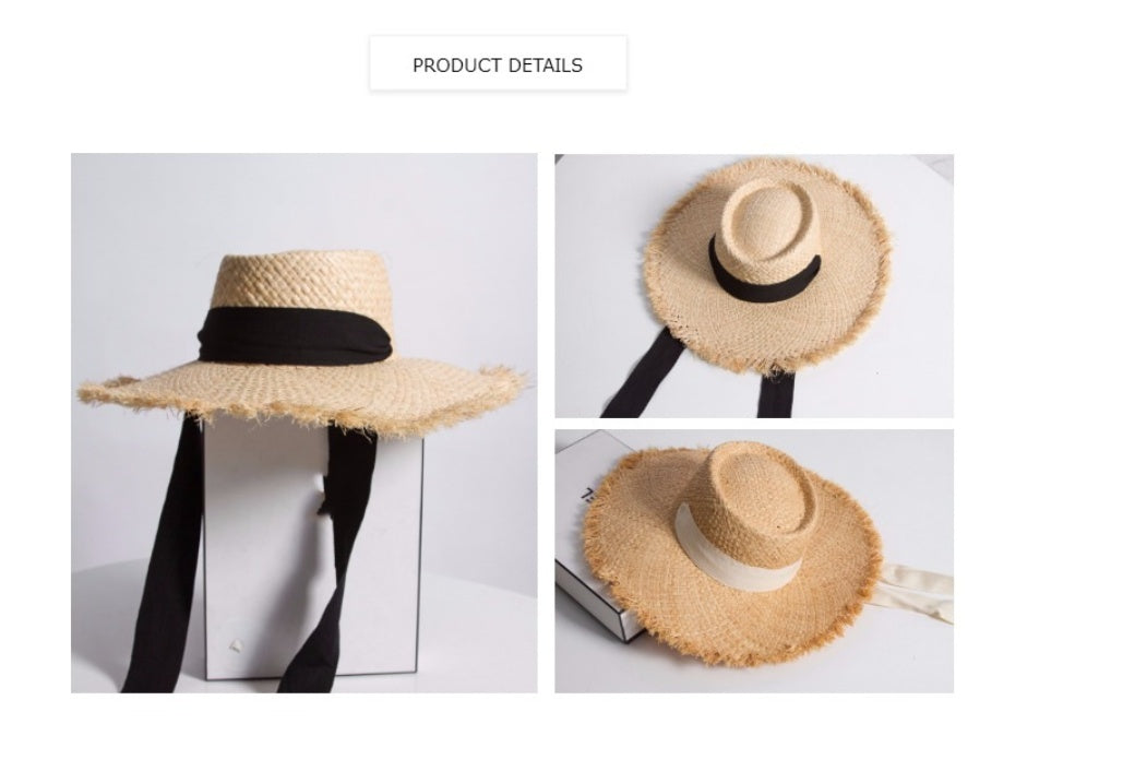 Raffia Grass Flat Top Raw Edge Binding Neck Sun Visor Hat Hand Braided Grass Hat