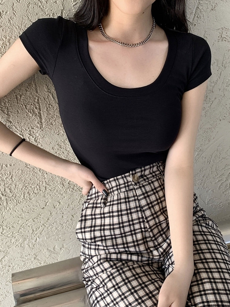 Cotton T-shirt Women's Short Sleeve Low Collar Collarbone