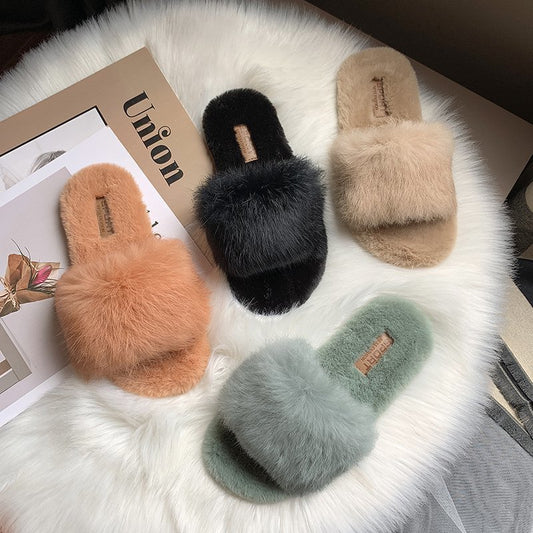 Rabbit Hair Flat Slippers For Women's New Style