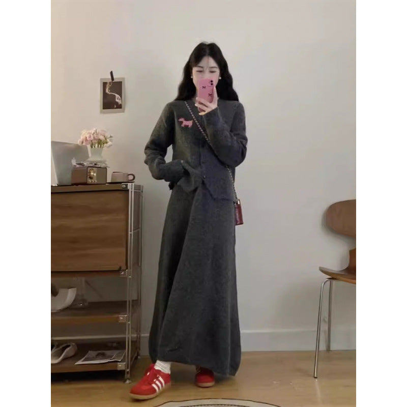 Spring Autumn New Stylish Commuter Slim Knit Cardigan And Long Skirt Two-Piece Set