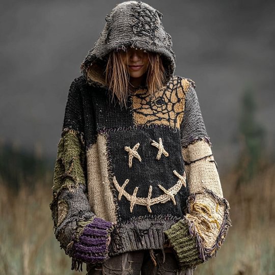 Drop-Shoulder Vintage Womens Printed Loose Hooded Top