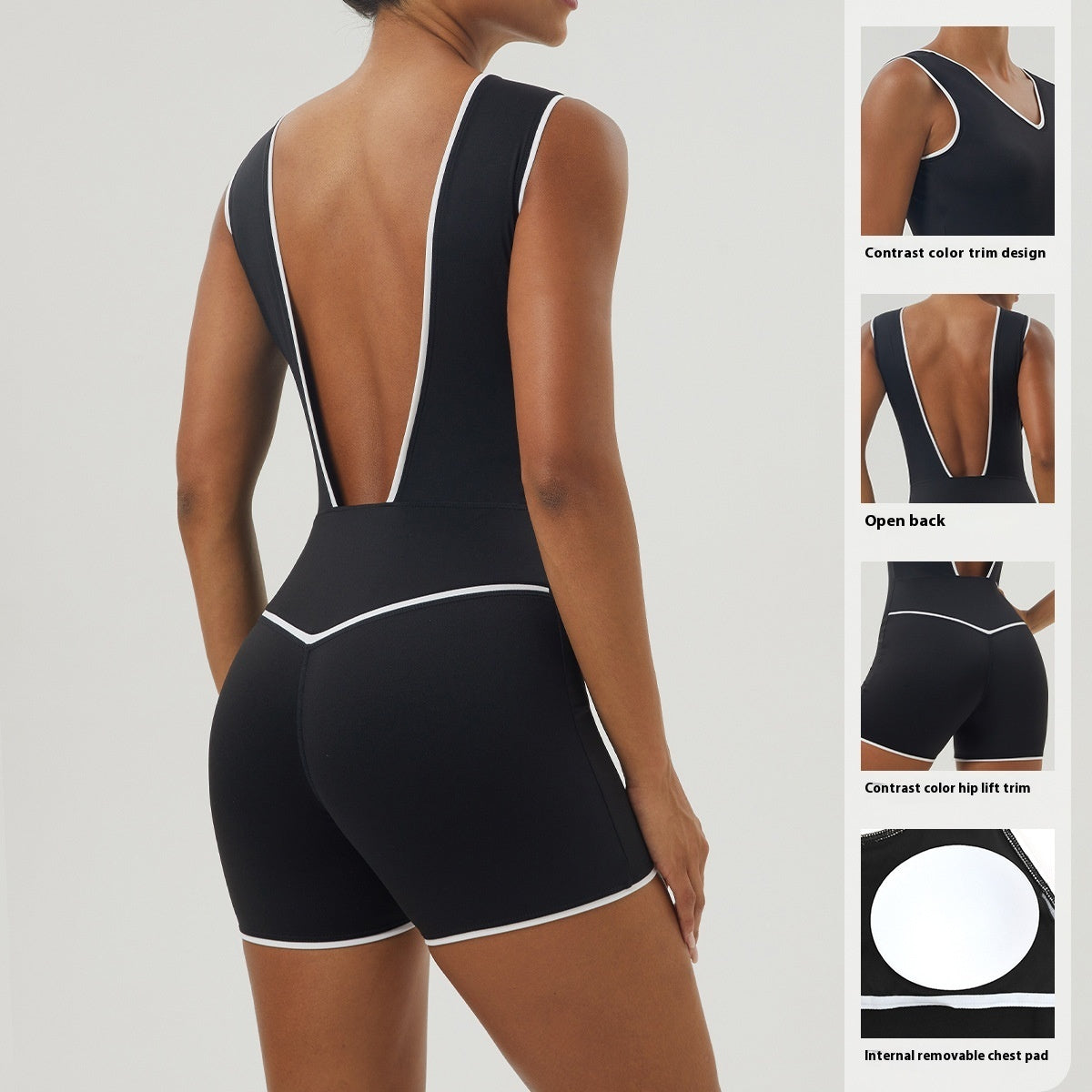 Bare Back Color Matching Yoga Bodysuit V-shaped Hip-lifting One-piece Shorts