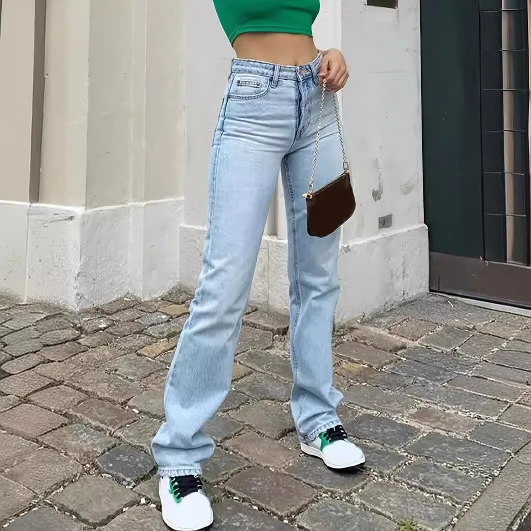 Dame Europa Og Amerika Grænseoverskridende Lyseblå Slim Fit Højtaljede Stretch Jeans