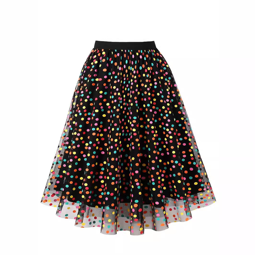 Mesh Skirt Color Polka Dot Printing