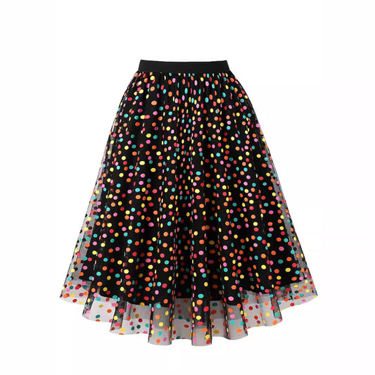 Mesh Skirt Color Polka Dot Printing