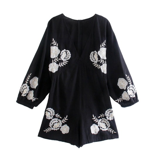 Embroidered V-Neck Puff-Sleeve Linen Jumpsuit