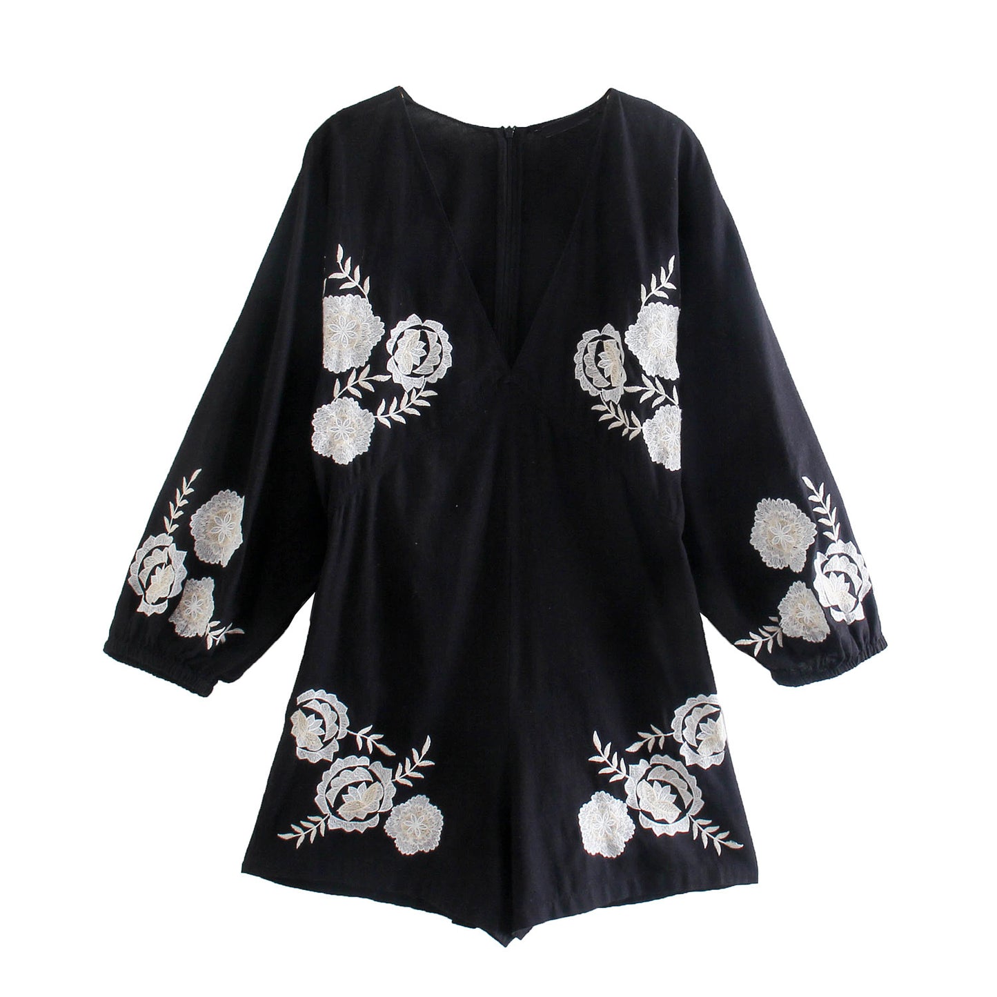 Embroidered V-Neck Puff-Sleeve Linen Jumpsuit