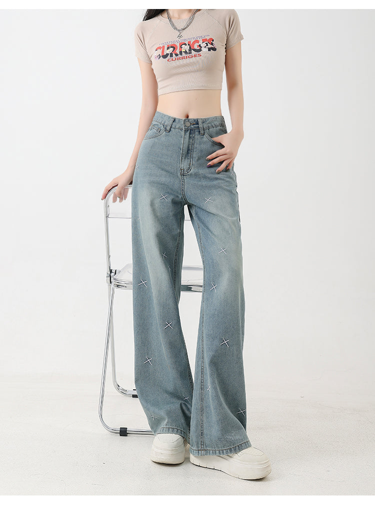Women's Tencel Light Colored Embroidered Wide Leg Jeans
