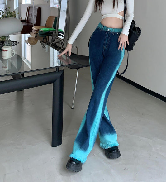 Street Color Jeans With Wide Legs And Raw Hem