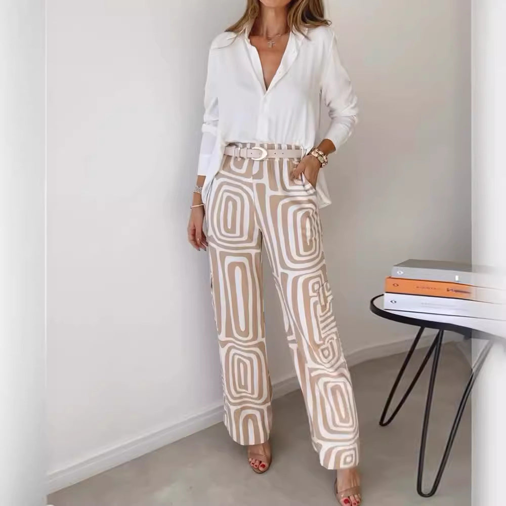 Long-sleeved Lapel Shirt Printed Wide-leg Pants Suit
