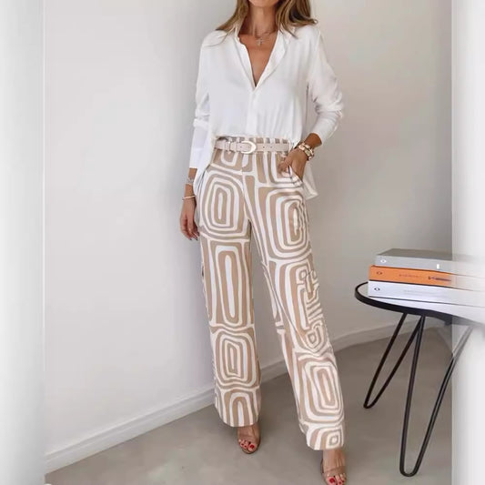 Long-sleeved Lapel Shirt Printed Wide-leg Pants Suit