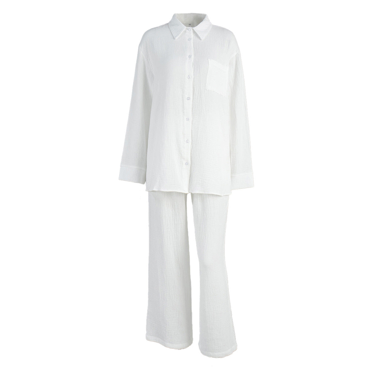 New Womens Double-Layer Crepe Long-Sleeve Shirt Set